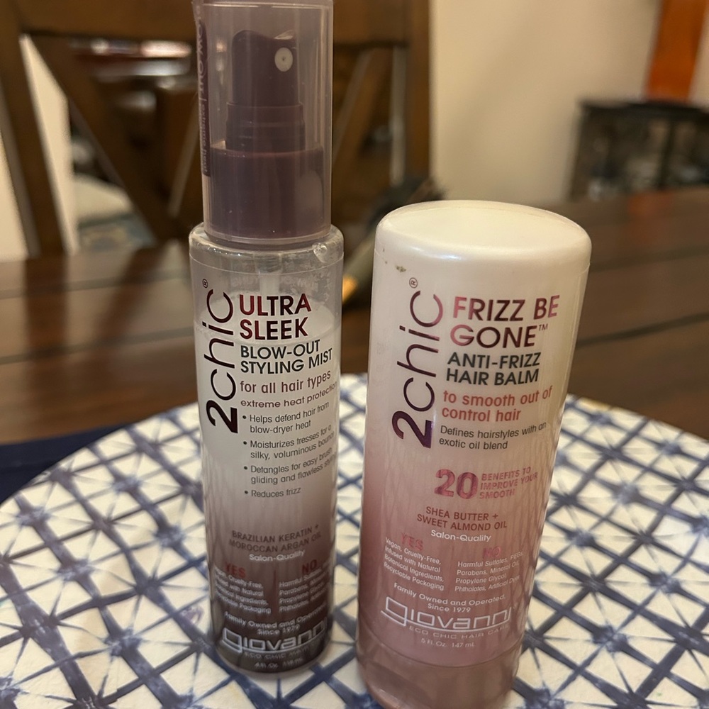 Giovanni 2 chicks hair products 
Blow out styling mist 
Anti frizz hair balm